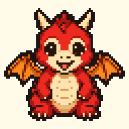 Ember, a pixel dragon, blinking