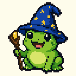 Prof. Ribbit, a pixel frog, blinking