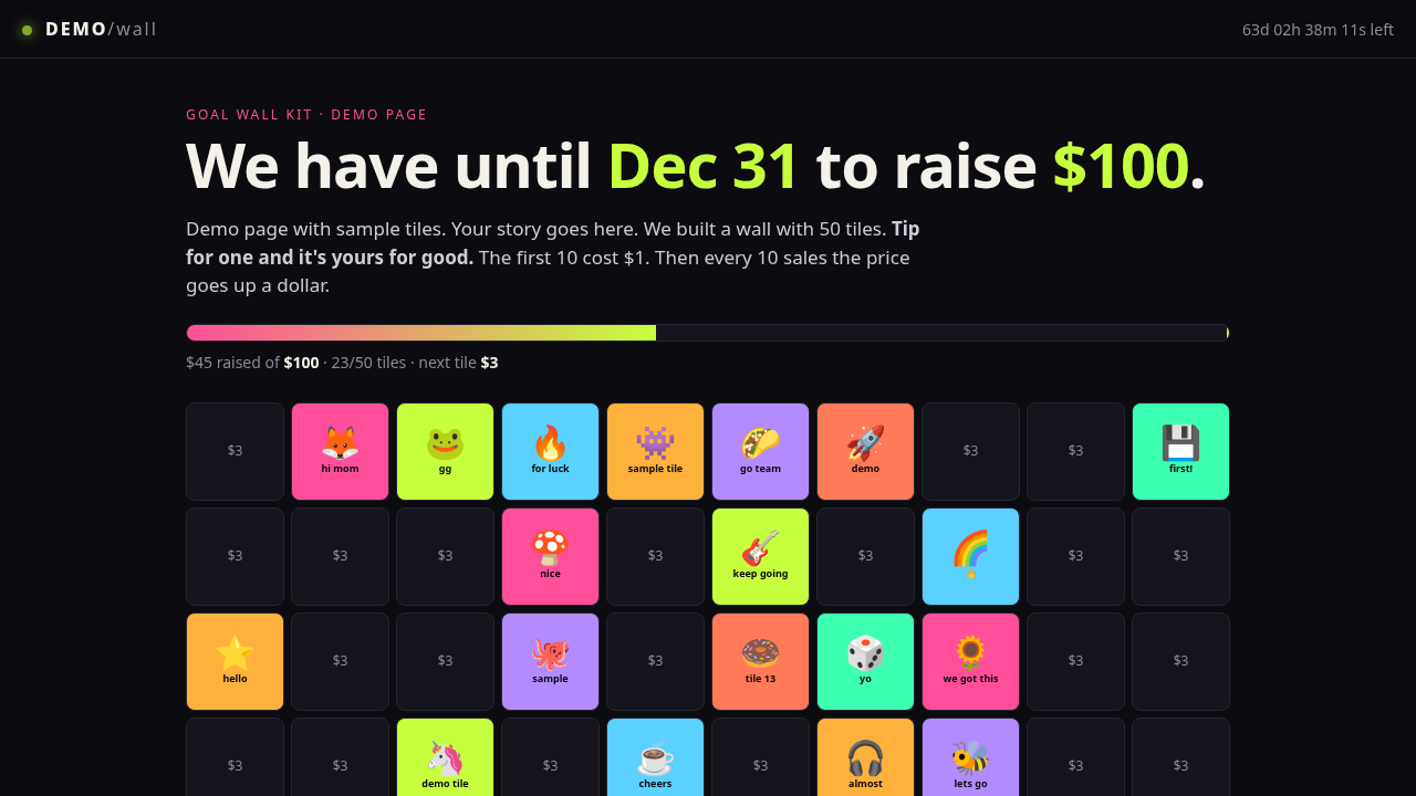 The kit's demo page: a goal headline, a progress bar and a grid of tiles with sample emoji